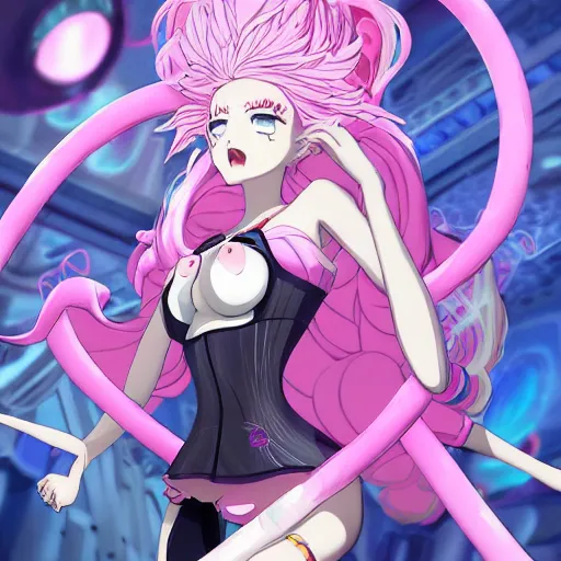 Prompt: omnipotent megalomaniacal anime goddess who looks like junko enoshima with symmetrical perfect face and porcelain skin, pink twintail hair and cyan eyes, looking down upon the viewer and taking control while smiling, mid view from below her feet taken in an extremely low angle, hyperdetailed, digital art, unreal engine 5, 2 d anime style, 8 k