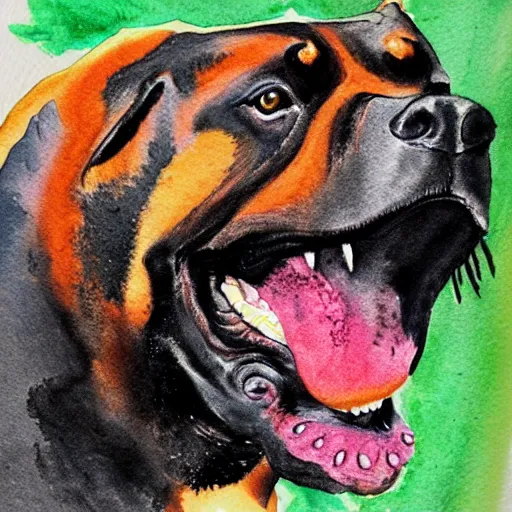 Image similar to Rottweiler dinosaur hybrid, watercolor art