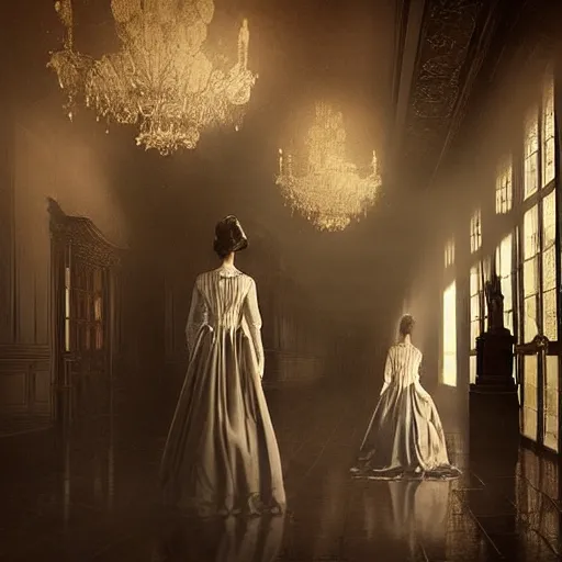 Image similar to a beautiful victorian woman is frightened by her doppleganger in a mirror. she is in a long hallway of mirrors. victorian interior, with many mirrors, twins, elegant design, haunting atmosphere, dark lighting, gothic, horror style, scary, swirling fog, volumetric lighting, by greg rutkowski, realistic, dutch angle, zombies