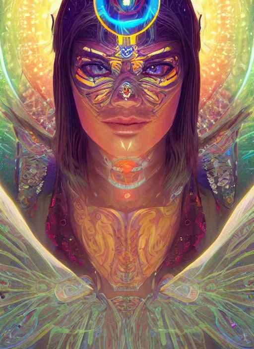 Image similar to one centered screen portrait of a future metaverse ayahuasca tech shaman warrior, 2 d cartoon, visionary art, symmetric, magick symbols, holy halo, shipibo patterns, sci - fi, concept art, trending on art station, 8 k digital art, by mandy jurgens, fantasy portrait art, anime