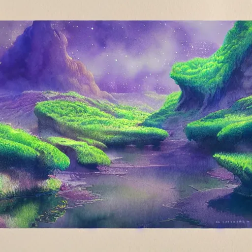 Image similar to beautiful detailed watercolor of a lush natural scene on a colourful alien planet by vincent bons. ultra sharp high quality digital render. detailed. beautiful landscape. weird vegetation. water. soft colour scheme. grainy.