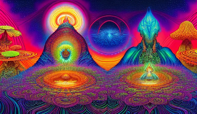 Image similar to an expansive octane redshift rendering of beautiful and complex interwoven spiritual connection between all beings by dan mumford, by jim fitzpatrick, by joe wilson, by jim burns, by victo ngai, by jacek yerka, surrounded with colorful magic mushrooms and rainbowcolored marihuana leaves, insanely integrate, featured on deviant art, trending on artstation