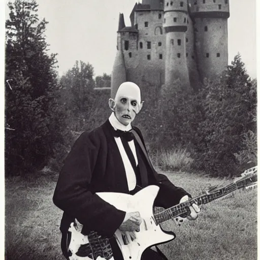 Image similar to vintage photograph of count orlok outside his castle, playing the blues on guitar, castle in the background, 4 k