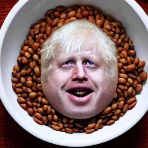 Image similar to boris johnson baked into a bowl of beans