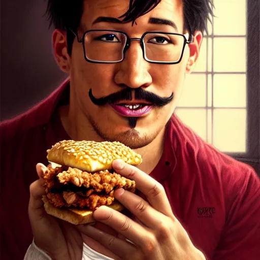 Image similar to Markiplier eating a KFC zinger, closeup, D&D style, fantasy, intricate, elegant, highly detailed, digital painting, artstation, concept art, matte, sharp focus, illustration, art by Artgerm and Greg Rutkowski and Alphonse Mucha