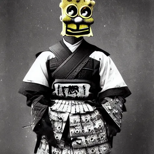 Image similar to samurai wearing a spongebob mask 1 8 0 0 s photograph