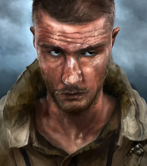 Image similar to portrait of muscular, tired and alcoholic 3 0 - year - old grieving man with short darkblonde hair, serious sad look in his eyes, looking down, dirty beard, blue eyes, crying tears, wearing dirty soldier uniform, on the desert, sad atmosphere, hyper realistic face, character art, art by mark brooks, cryengine, trending on artstation, digital art
