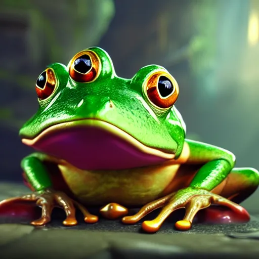 Image similar to an anthropomorphic frog living in an extradimensional reality where it is a god, in the style of wlop, illustration, epic, fantasy, hyper detailed, smooth, unreal engine, sharp focus, ray tracing, physically based rendering, renderman, beautiful