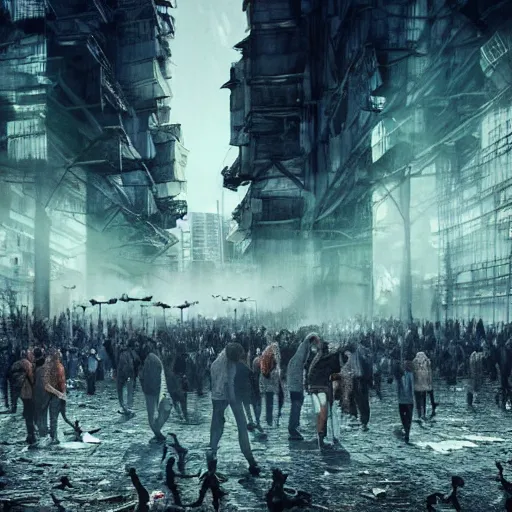 Image similar to hordes of drone-like people aimlessly walking around a depressing dystopian cityscape , trending on artststion, hyper realistic, surreal, melancholic, 8k, upscaled