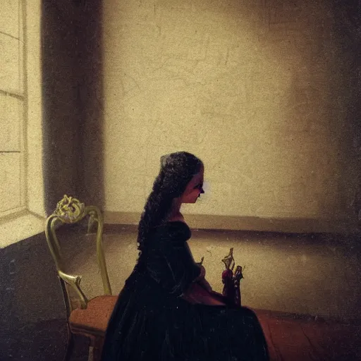 Prompt: a woman sitting on a chair inside of a dark, foreboding room, a dark figure ’ s face is depicted behind, 1 7 0 0 s oil painting, dark art, vignette, bloom effect, cgsociety, artstation, 4 k, 8 k