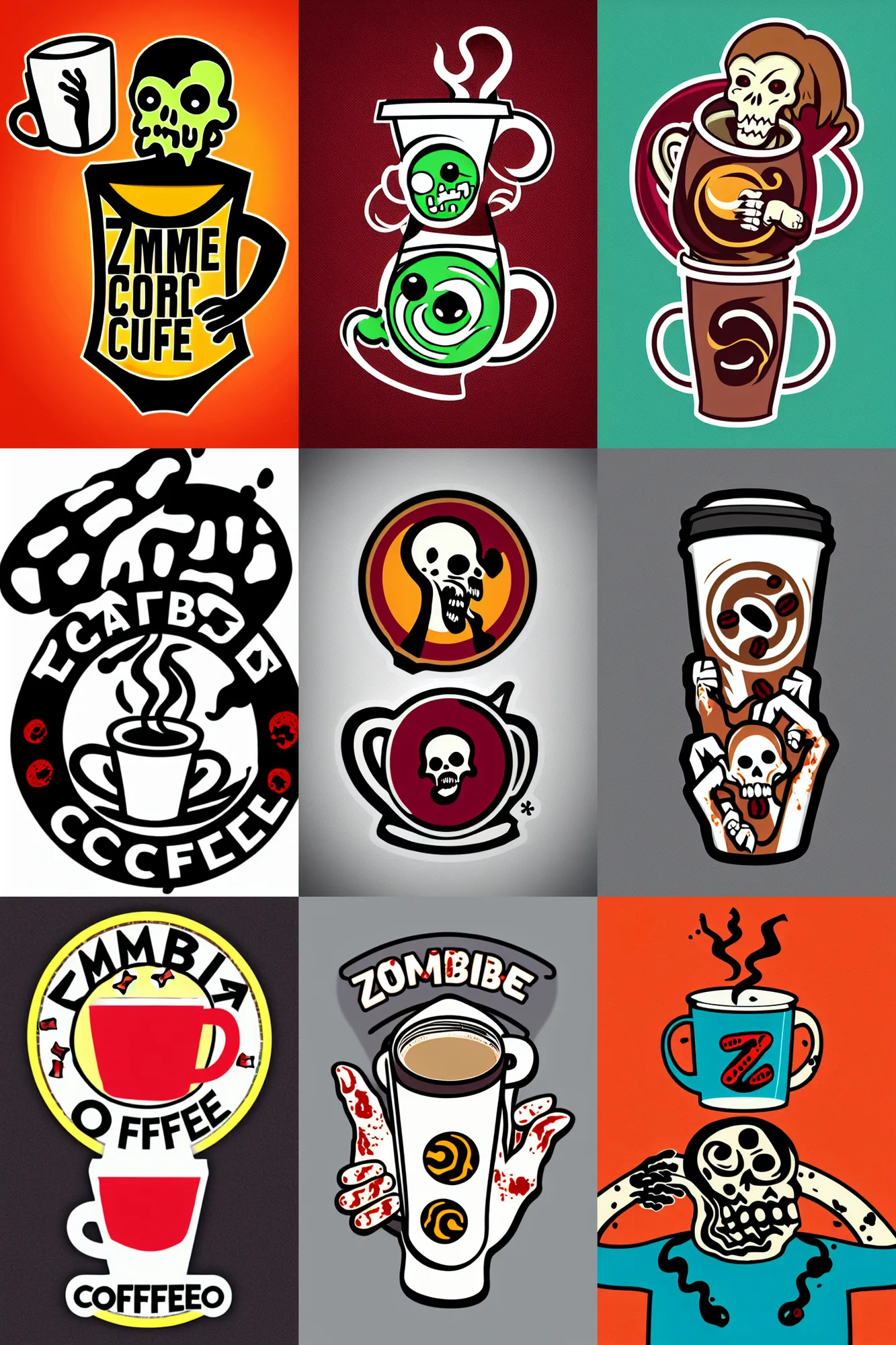 Prompt: logo design, zombie arms out in front holding coffee cup, patch logo, high detail spiral design