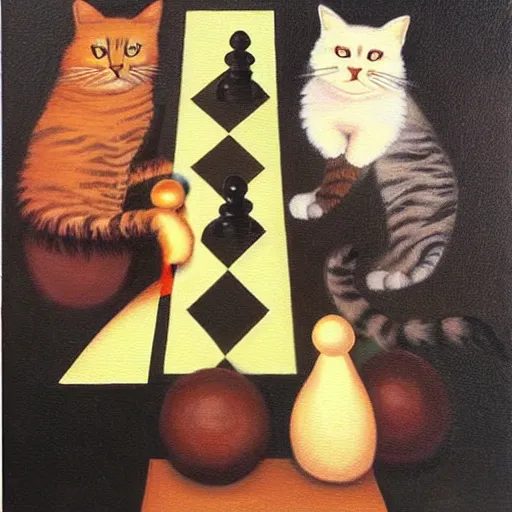 Image similar to cats playing chess, surreal oil painting