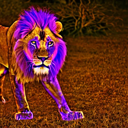 Prompt: an intricate photo of iridescent lion pride, blacklight