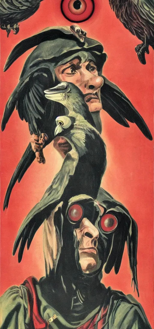 Image similar to mistery man in hood and red eyes with a dager, and a vulture, 1940s propaganda poster, full hd,highly detailed