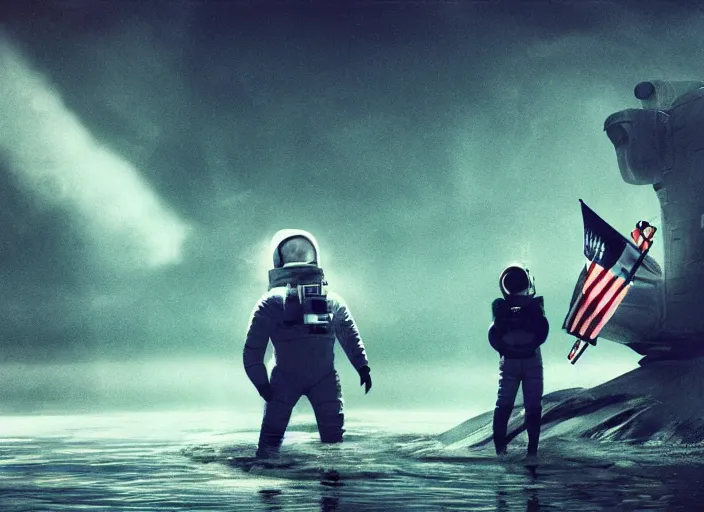 Image similar to astronaut holding a flag in an underwater desert. a submarine is visible in the distance. dark, concept art, cinematic, dramatic, atmospheric, 8 k, trending on artstation, blue, fish, low visibility, fog, ocean floor, christopher nolan, interstellar