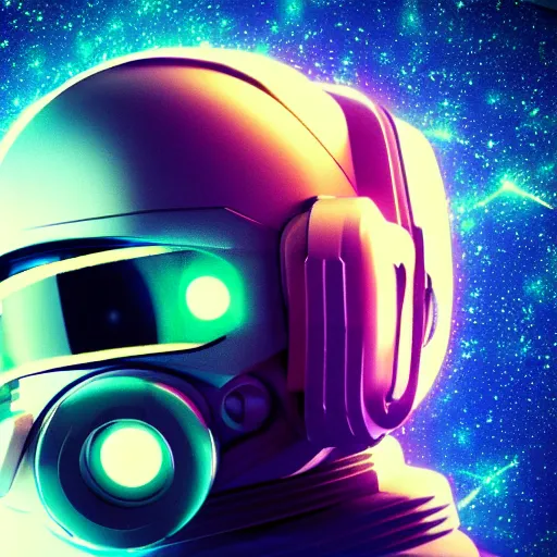 Image similar to cyberpunk astronaut bot, cinema 4 d, galaxy space sci - fi, wearing vr goggles, illustration, portrait, pastel neon textured background night, detailed,