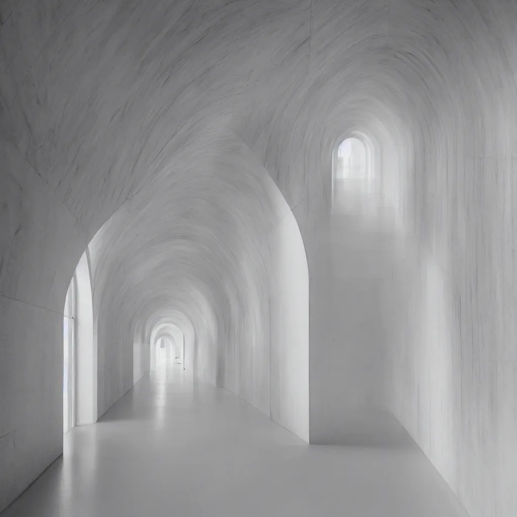 Image similar to photograph of a symmetrical arch hallway, shiny floor, concrete, pastel hues, minimalist, architecture magazine, dezeen, 50mm, pentax, film