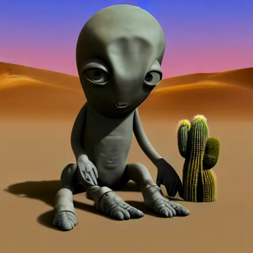 Image similar to a sad Roswell grey alien trying to repair his crashed burning spacecraft in the desert, cactus and rocks in the background, dusk, featured on zbrush central, hurufiyya, zbrush, polycount, airbrush art