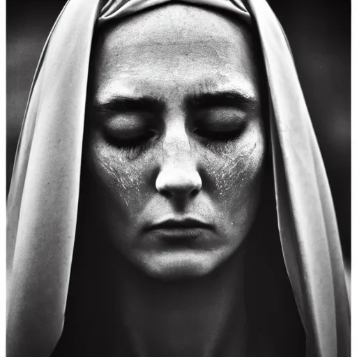 Image similar to minimalist photography portrait of a germanic pagan woman, sad, crying, tear, early middle ages, heathen warrior, symmetrical, super close up, mid thirties, cute round slanted eyes, caucasian, wide nostrils, high cheekbones, full cheeks, high flat eyebrows, ethereal essence, leica 1 0 0 mm f 0. 8