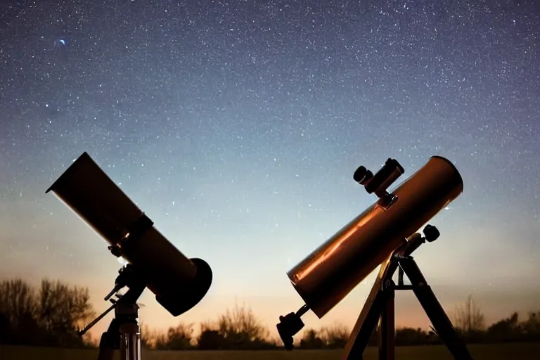 Prompt: an astronomy teacher looking up on a telescope, moon, clear skies, starry skies