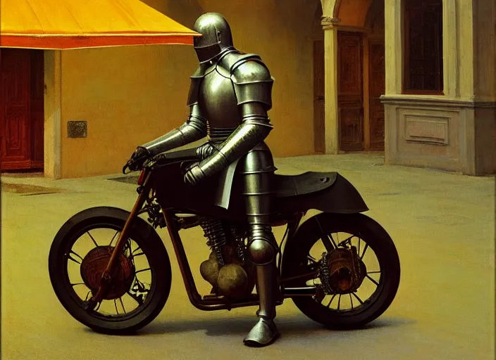 Prompt: knight in armor sitting on a motorcycle, rome, highly detailed, soft lighting, elegant, works by edward hopper and james gillard, zdislaw beksinski, stephen outram, andreas m wiese, highly detailed