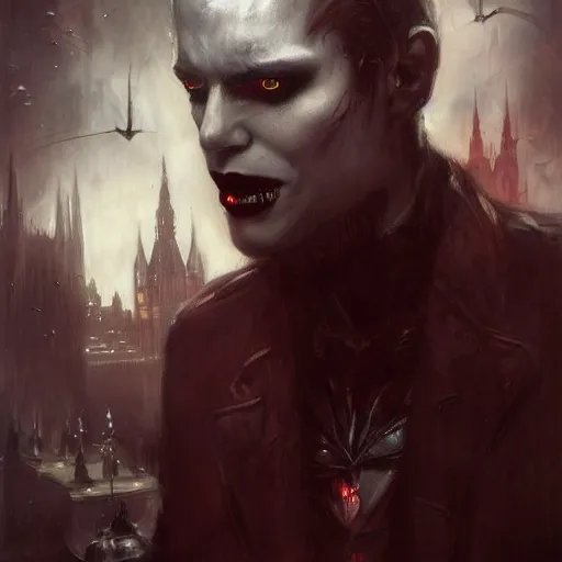 Prompt: the last male vampire in london by raymond swanland, highly detailed, dark tones