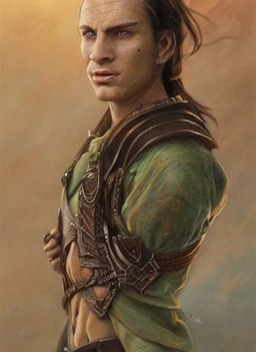 Prompt: a warrior in his twenties smirking deceitfully with long light brown hair tied back, light green eyes, a large forehead, a widows peak and a round face with high cheekbones and full lips as a realistic d & d fantasy character, portrait art by donato giancola and greg rutkowski, vintage retro, realistic face, digital art, trending on artstation