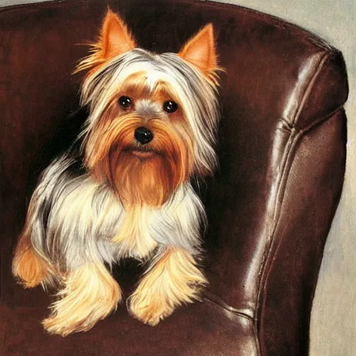 Image similar to an old happy brown and gray Yorkshire terrier dog lounging in a leather chair, long hair, extremely detailed masterpiece, oil on canvas, by Norman Rockwell,