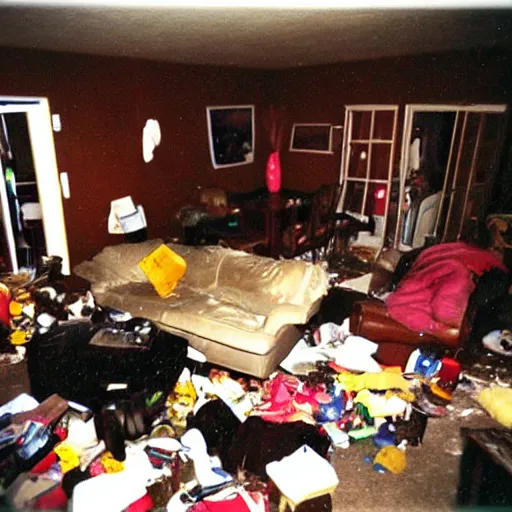 Prompt: a high flash photo of a messy living room, 2 0 0 6, taken with a disposable camera