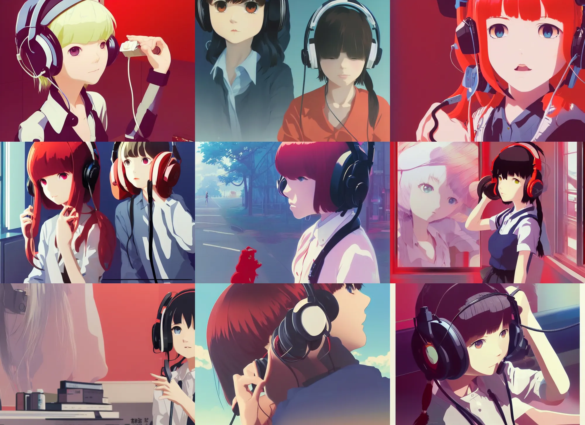 Prompt: poster by ilya kuvshinov, yoh yoshinari, makoto shinkai, katsuhiro otomo, anime visual of a cute girl, with + ( ( red eyes ) ) + long white hair + ( ( wearing a headset in her room interior ) )