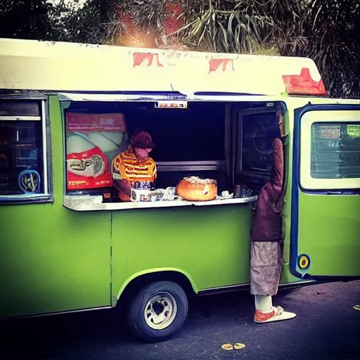 Image similar to “yoda selling burger in a food van”
