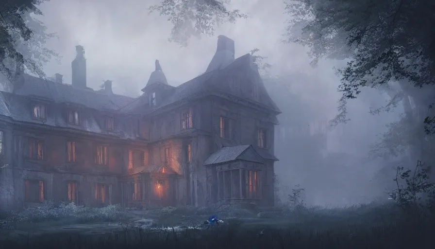 Prompt: Abandoned manor in a dark forest with a light mist, hyperdetailed, artstation, cgsociety, 8k