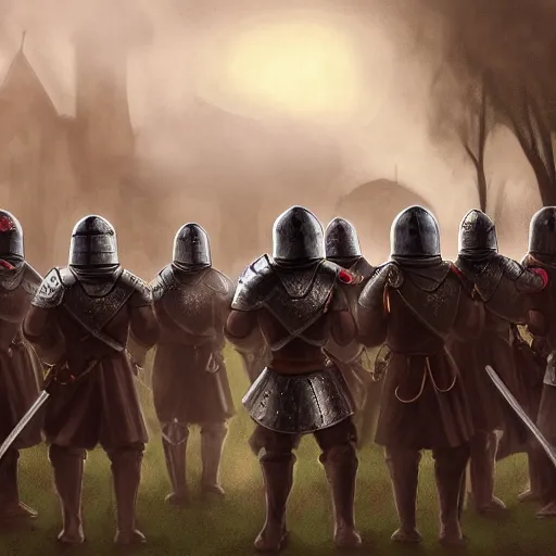 Image similar to realistic, 5 medieval knights, soldiers, in line, pikes, hellbards, banner, flag, mist, picture from behind, epic, digital art, illustration, fantasy, realistic sketch, dark