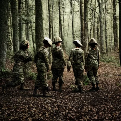 Image similar to group of female soldiers, searching through iridescent woods, makeshift camp, aerial photography, eerie, beautiful, stunning, intricate detail, cinematic, award winning photography