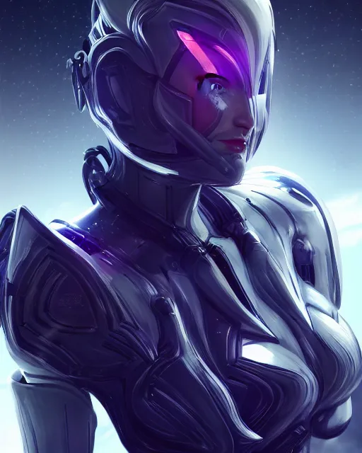 Image similar to photo of a beautiful girl on a mothership, android, warframe armor, pretty face, scifi, futuristic, galaxy, raytracing, dreamy, perfect, aura of light, pure, white hair, blue cyborg eyes, glow, insanely detailed, artstation, innocent look, art by gauthier leblanc, kazuya takahashi, huifeng huang