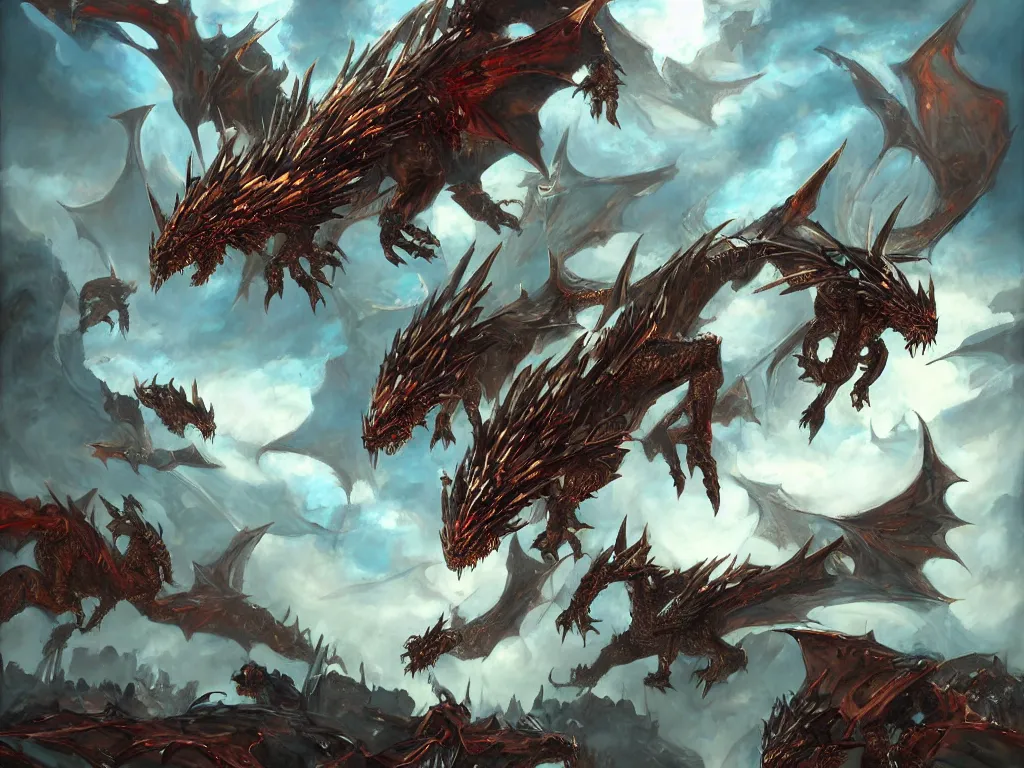 Prompt: cybernetic dragons fighting cybernetic gryphons in an aerial battle, mid - air mythical robot war, ultrafine detailed painting by muggur, deviantart contest winner, fantasy art, detailed painting