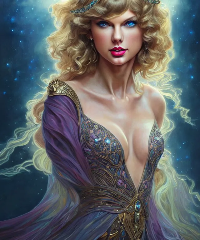 Image similar to Taylor Swift as a fantasy magic woman portrait, sci-fi, amber eyes, face, long hair, fantasy, intricate, elegant, highly detailed, digital painting, artstation, concept art, smooth, sharp focus, illustration, art by artgerm and greg rutkowski and alphonse mucha