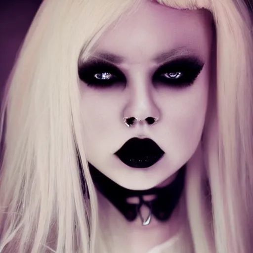 Image similar to modeling photograph kerli koiv as blind mag, blonde, beautiful, dark, mysterious, bubble goth, detailed symmetrical face, half body shot, fog dramatic, teen