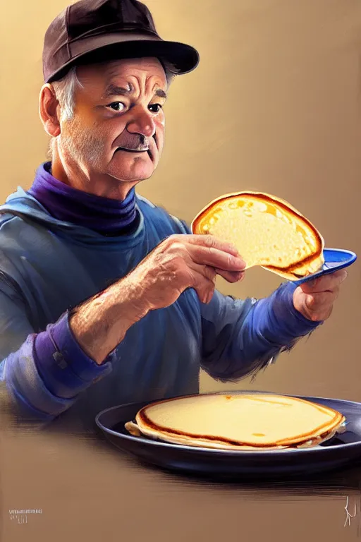 Image similar to bill murray making pancakes animation pixar style, by magali villeneuve, artgerm, jeremy lipkin and michael garmash, rob rey and kentaro miura style, golden ratio, trending on art station