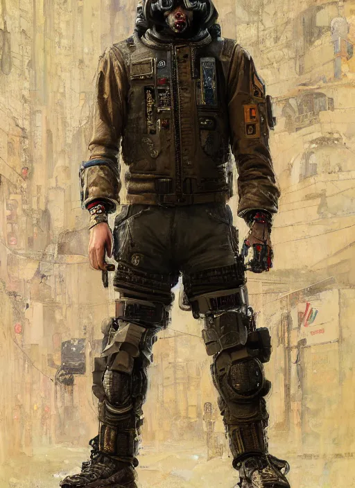 Image similar to dwight eisenhower. cyberpunk mercenary with tattoos wearing a military vest and combat jumpsuit. (Cyberpunk 2077, bladerunner 2049). Iranian orientalist portrait by john william waterhouse and Edwin Longsden Long and Theodore Ralli and Nasreddine Dinet, oil on canvas. Cinematic, hyper realism, realistic proportions, dramatic lighting, high detail 4k