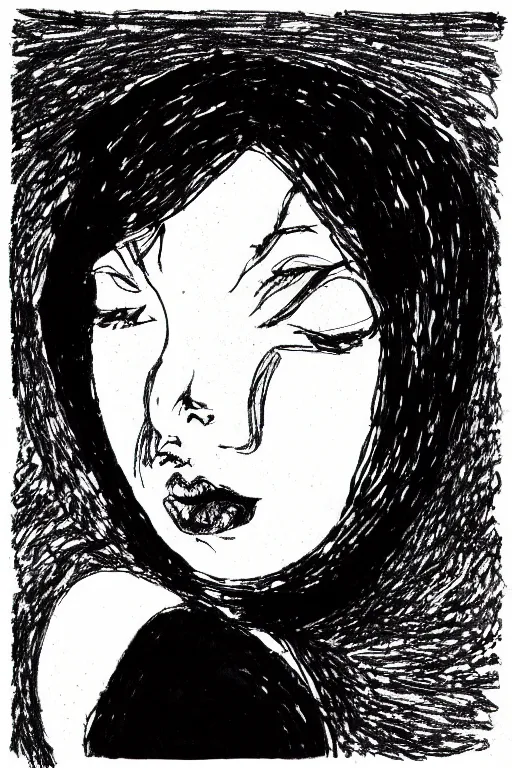 Prompt: ink lineart drawing of a beautiful heavy woman, dark lips, white background, etchings by goya, chinese brush pen, illustration, high contrast, deep black tones contour