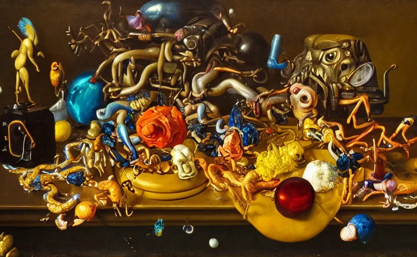 Image similar to disturbing colorful oil painting dutch golden age vanitas still life with bizarre objects strange gooey surfaces shiny metal bizarre insects rachel ruysch dali todd schorr very detailed perfect composition rule of thirds masterpiece canon 5 0 mm, cinematic lighting, photography, retro, film, kodachrome