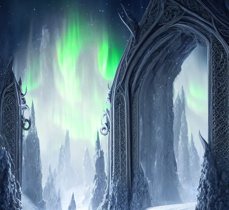 Image similar to a very detailed concept art of intricate and elven white gates to aurora borealis infused with magic, dynamic lighting trending on artstation, symmetry, digital art, 4 k, hyper realistic, octane render, sharp focus