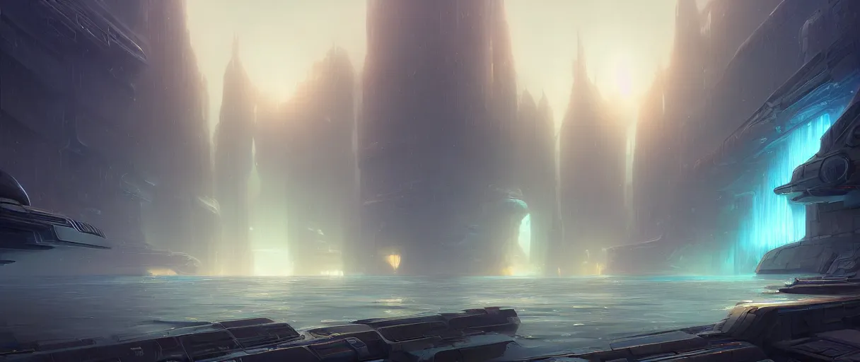 Image similar to digital painting of an underwater sci-fi city, style of Ralph Mcquarrie, concept art, high angle, high detail, cold lighting, dark, vivid, beautiful, caustics, trending on artstation, by Jordan grimmer, no focus, huge scene