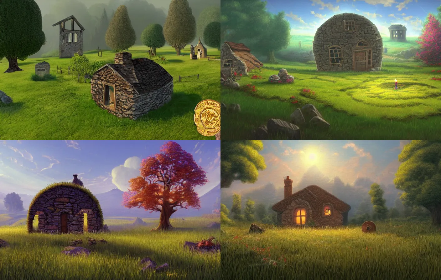 Prompt: empty grass field with a burned down small circular stone cottage in the center, at midday, from a point and click 2 d graphic adventure game, art inspired by thomas kinkade, king's quest, sierra entertainment games