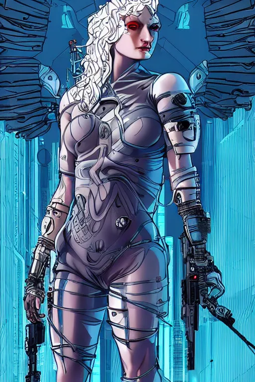 Prompt: cyberpunk valkyrie, in style blend of Botticelli, Möbius and Æon Flux, moonlight, amazing detail, beautiful inking lines, flat colors, 4K photorealistic