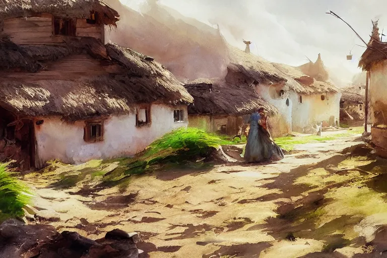 Image similar to paint brush strokes, abstract watercolor painting of rustic village at midday, straw roof, viking town, ambient lighting, art by hans dahl, by jesper ejsing, art by anders zorn, wonderful masterpiece by greg rutkowski, cinematic light, american romanticism by greg manchess, creation by tyler edlin