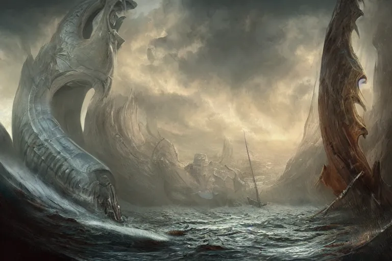 Image similar to Scylla and Charybdis and a Trireme by Jessica Rossier and HR Giger cinematic concept painting