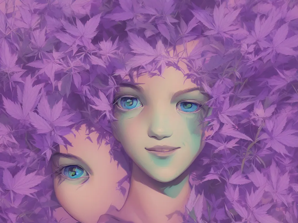 Image similar to single kid symmetrical beauty face in focus purple flowers of marijuana hemp cannabis, behance hd, by jesper ejsing, by rhads, makoto shinkai, lois van baarle, ilya kuvshinov, rossdraws global illumination, golden ratio