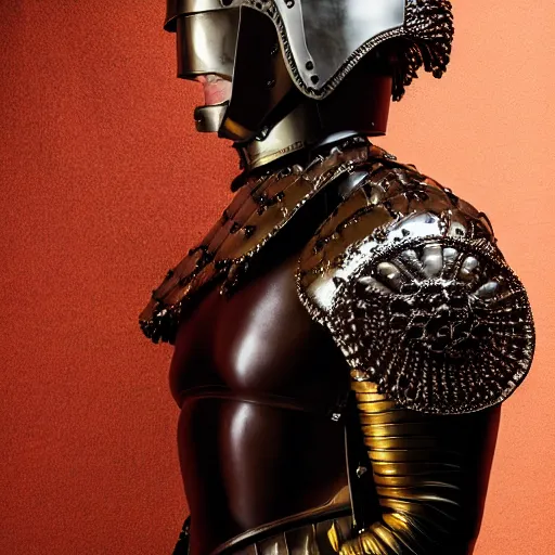 Image similar to a portrait of a beautiful young male wearing an alexander mcqueen armor made of latex , photographed by andrew thomas huang, artistic